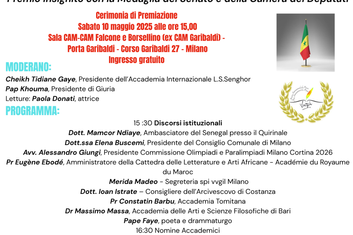 Cerimonia di premiazione Premio Internazionale Leopold Sedar Senghor sabato 10 maggio ore 15 Cam Garibaldi Milano